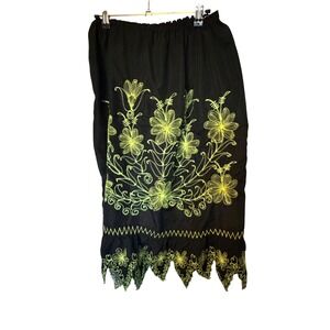 Boho Black Neon Yellow Floral Embroidered Scalloped Hem Midi Skirt Elastic Waist